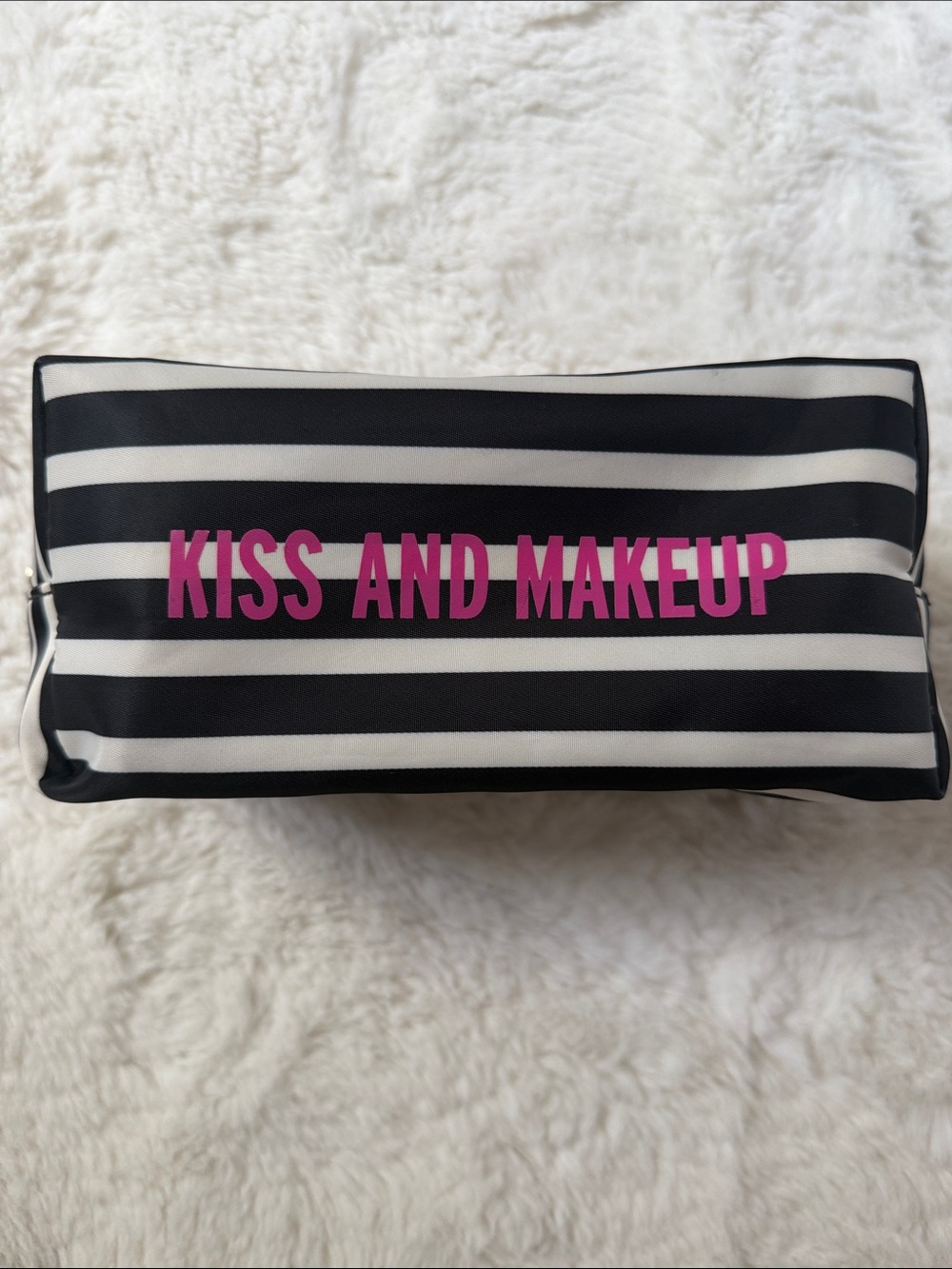 KATE SPADE,  black and white striped makeup pouch